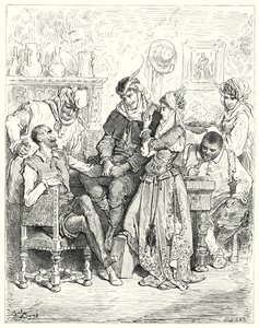 Don Quijote Gustava Dorea: „Sancho a jeho pán zůstali tři dny s mladým párem a bavili se jako princové“ (rytina) od Gustave Dore