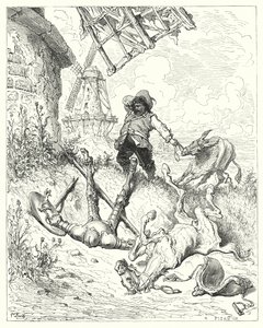 Don Quijote Gustava Dorea: „Sancho běžel tak rychle, jak jen jeho zadek dokázal jet, aby pomohl svému pánovi“ (rytina) od Gustave Dore