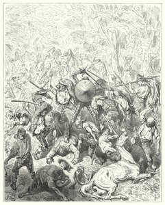 Don Quijote Gustava Dorea: „Yanguejci se poddali svým pákám a palcům“ (rytina) od Gustave Dore