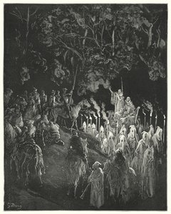 Don Quijote Gustava Dorea: „Postava v šatech vstala“ (rytina) od Gustave Dore
