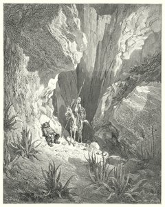 Don Quijote Gustava Dorea: „První věc, kterou našel, byl hrubý návrh sonetu; tak ho přečetl nahlas“ (rytina) od Gustave Dore