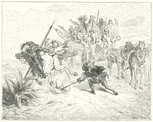 Don Quijote od Gustava Dorea: „Blázon z té hry přišel prohrabat svými zvonky morrice“ (rytina) od Gustave Dore