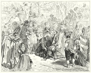 Don Quijote Gustava Dorea: „Ubohá panna, třesoucí se a zděšená, aniž by promluvila, přišla k ubohému Basilovi“ (rytina) od Gustave Dore