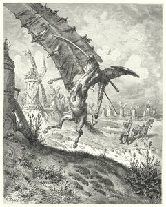 Don Quijote Gustava Dorea: „Plachta odmrštila spolu s sebou i rytíře i koně“ (rytina) od Gustave Dore