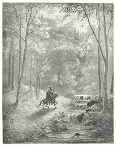 Don Quijote Gustava Dorea: „Nebe se mu zdá průhlednější a slunce jako by svítilo dvojnásobným jasem“ (rytina) od Gustave Dore