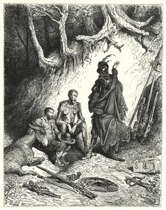 Don Quijote Gustava Dorea: „Panošové opustili Don Quijote, Roque a Sancho, aby čekali na svůj návrat“ (rytina) od Gustave Dore