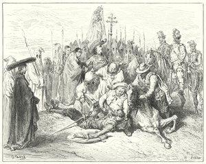 Don Quijote Gustava Dorea: „Ty žalostné akcenty panošova hlasu si konečně přivolaly Dona Quijota“ (rytina) od Gustave Dore