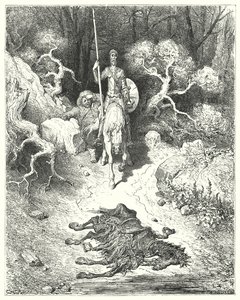 Don Quijote Gustava Dorea: „Přišli do parku, kde našli mrtvého mulu“ (rytina) od Gustave Dore