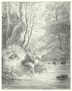Don Quijote Gustava Dorea: „Spatřili mladíka ve venkovském hábitu, jak sedí na úpatí skály za jasanem“ (rytina) od Gustave Dore
