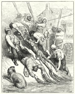 Don Quijote Gustava Dorea: „Oba byli vytaženi na břeh, více promočení než žízniví“ (rytina) od Gustave Dore