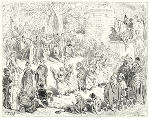 Don Quijote od Gustava Dorea: „Vedl je ctihodný starý muž a královna žena“ (rytina) od Gustave Dore