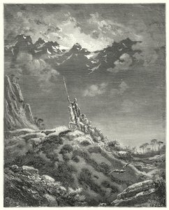 Don Quijote Gustava Dorea: „Směrem ke království Micomicon“ (rytina) od Gustave Dore