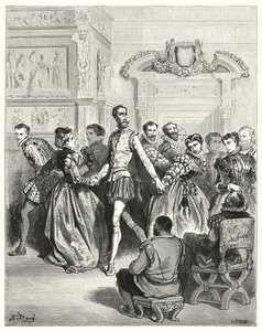 Don Quijote Gustava Dorea: „Dvě dámy se dvořily hlavně Donu Quijotovi“ (rytina) od Gustave Dore