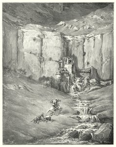 Don Quijote Gustava Dorea: "Když se přiblížili, dokonce i samotný pacient Rozinante začal u toho strašlivého zvuku" (rytina) od Gustave Dore