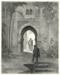 Don Quijote Gustava Dorea: „Zoraida, která svým vzhledem projevila potíže, odešla se svým otcem“ (rytina) od Gustave Dore