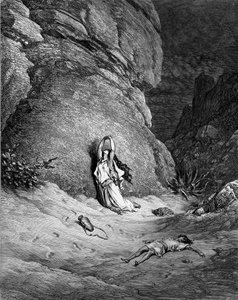 Hagar a Ismael, rytina Doré. - Bible od Gustave Dore