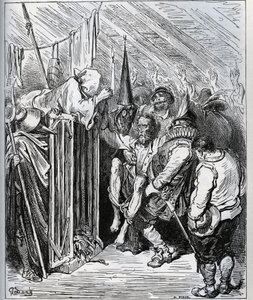 Jak se zbavit Dona Quijota. Lidé z hotelového obchodu se ho rozhodli zavřít tím, že ho přiměli uvěřit v nové kouzlo a nový rytířský test - z „Don Quijote de la Mancha“ od Miguela Cervantese (1547-1616) (Don Quijote) - Dřevoryt po nakreslení od Gustave Dore
