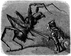 Ilustrace Gustava Doreho (1832-1883) ke knize Ernesta Lepina "La legende de Croquemitaine" (1863) - Při pohledu na tento obraz boje s mečem proti obrovskému araigneovi si nelze nevzpomenout na bitvu Froda a Aragnea v Tolkienově knize. od Gustave Dore