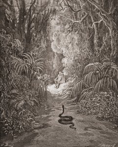 Ilustrace Gustava Doreho 1832-1883 Francouzský malíř a ilustrátor ke knize Ztracený ráj od Johna Miltona, kniha IX, řádky 434 a 435 od Gustave Dore