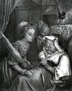 Ilustrace Gustava Doreho k pohádce Charlese Perraulta: Šípková Růženka. Princezna se píchne o kočičí ocas stařeny, která utíká ve vřetenu. od Gustave Dore