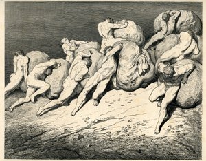 Ve čtvrtém kruhu pekla, jemuž vládne Pluto (Hádes), Avarové a Prodiganové nesou a valí těžká břemena (kameny) a střetávají se s hněvem. Rytina z Pekla Danta Alighieriho (Božská komedie) ilustrovaná Gustavem Dorem. Francouzský e od Gustave Dore