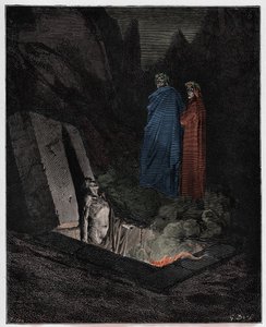 Inferno, Canto 10: Farinata degli Uberti oslovuje Danteho, ilustrace z „Božské komedie“ od Dante Alighieriho, 1885 od Gustave Dore