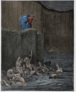 Inferno, Canto 18: Milenci a lichotníci v osmém kruhu, ilustrace z „Božské komedie“ od Dante Alighieriho, 1885 od Gustave Dore
