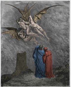 Inferno, Canto 9: Hrozný Erinyes: Megaera, Tisiphone, Alecto od Gustave Dore