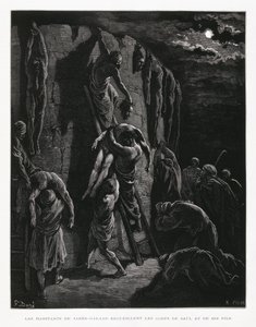 Jabešsko-Gileádští vyzvedávají těla Saula a jeho synů, ilustrace z Bible Doreovy od Gustave Dore