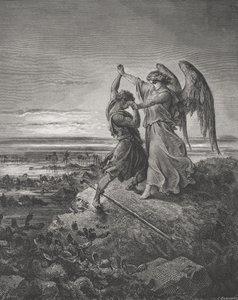 Jákob zápasí s andělem, Genesis 32:24-32, ilustrace z Doreovy "Bible svaté", vyryl Laplante, 1866 od Gustave Dore