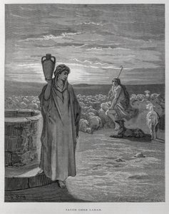 Jákob vidí Ráchel u studny v Lábanově domě, Ilustrace z Doreovy Bible. od Gustave Dore