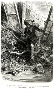 Jacquemin Lampourde se zbraní v ruce přišel na místo bitvy. Rytina Gustava Doreho ilustrující pikareskní román Theophila Gautiera "Le capitaine Fracasse", edice Charpentier 1863. od Gustave Dore