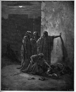 Jehuovi společníci nalézající ostatky Jezábel”” - dřevorytina do Bible od Gustava Dore - Jehuovi společníci nalézají hlavu Jezábel a extrémy - rytina v „The Bible illustree” od Gustava Dore (1832-1883) - rytina z “” The Dore Bible “” od Gustave Dore