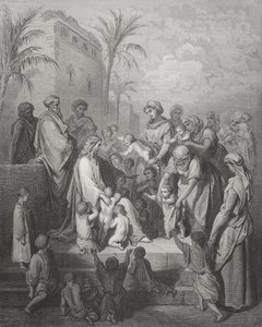 Ježíš žehná dětem, ilustrace z Doreovy "Bible svaté", vyryl Pannemaker, 1866 od Gustave Dore