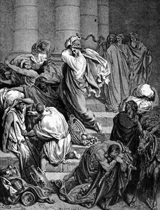 Ježíš Kristus pronásleduje obchodníky v chrámu. Ilustrace Gustava Doré. od Gustave Dore