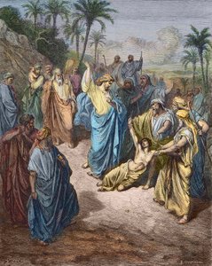 Ježíš Kristus válčící s mladým posedlým démonem - Ježíš uzdravující šílence - Barevná rytina podle Gustava Dorea. od Gustave Dore