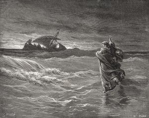 Jesus Walking on the Sea, Jan 6:19-21, ilustrace z Doreovy „Svaté bible“, vyryté Pisanem, 1866 od Gustave Dore