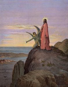 Ježíš na poušti, vystaven pokušení ďábla - Pokušení Krista - Satan pokoušel Ježíše - rytina Gustava Dore - pozdější kolorování od Gustave Dore
