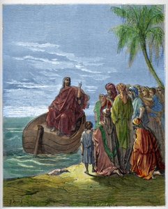Ježíš káže na Genezaretském jezeře (Genezaret, Ginosar nebo Kinneret) (Tiberiádské jezero) (Galilejské jezero) - Ježíš káže u Galilejského jezera - - rytina v „The Bible illustree“ od Gustava Dore (1832-1883) - rytina z „ "Bible Dore"" od Gustave Dore