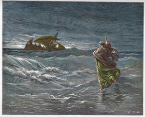 Ježíš kráčí po vodách Tiberiadského jezera - Ježíš kráčí po moři (vodě) - rytina v „“The Bible illustree““ od Gustava Dore (1832-1883) – rytina z „“The Dore Bible““ od Gustave Dore