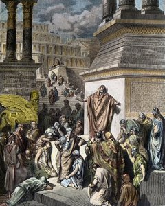 Jonah nabádá Ninivitesu k pokání – Jonah vybízí Ninivity, aby činili pokání – ilustrace z Gustava Dorea „The Holy Bible“, vyryla Pannemaker od Gustave Dore