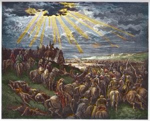 Joshua přikazuje slunci stát v klidu – Josue arrete le soleil – rytina v „The Bible illustree“ od Gustava Dore (1832-1883) – rytina z „“The Dore Bible““ od Gustave Dore
