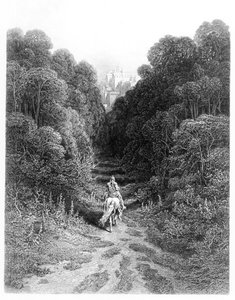 Lancelot se blíží k hradu Astolat, ilustrace z knihy Alfreda Tennysona "Idyly o králi" (litografie) od Gustave Dore