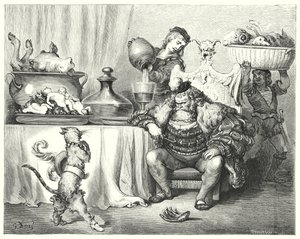 Mistr kočka nebo Kocour v botách; Kocour v botách (rytina) od Gustave Dore