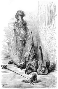 Leandre právě rozbil kytaru o Matamoreovu hlavu, ilustrace pro "Captain Fracass" od Gustave Dore