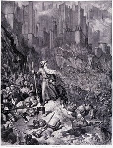 Bitvy, deska IX - Ilustrace Gustave Dore (1832-1883), pro putování La legende du Jeif od Pierra Duponta, vydání Librairie du Magasin Picturesque, Paříž 1862 od Gustave Dore
