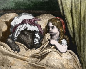 Červená karkulka a vlk nemají rádi babičku. Ilustrace Gustave Dore od Gustave Dore
