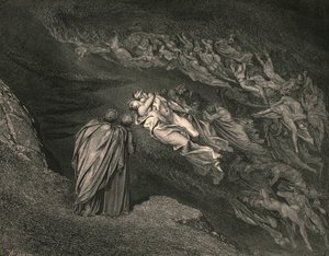 Láska nás přivedla k jedné smrti: Caina čeká na duši, která rozdělila náš život, c1890. od Gustave Dore