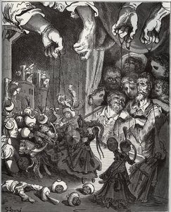 Loutkové divadlo Maese Pedra - z „Don Quijote de la Mancha“ od Miguela Cervantese (1547-1616) (Don Quijote) - dřevořez podle kresby Gustava Dore od Gustave Dore
