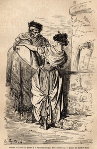 Muž a žena z lidu mají fontánu v Carmoně, vesnici nedaleko Sevilly. Skica pořízená naživo Gustavem Dorem (1832-1883). Rytina pro ilustraci plavby ve Španělsku, v roce 1862 od Charlese Davilliera a Gustava Dorea, v „Le tour du monde, nouveau od Gustave Dore